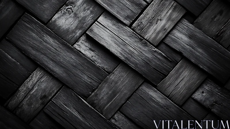Charred wooden weave forms a dark geometric texture pattern.