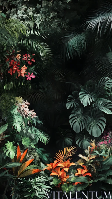 Lush tropical foliage with red and orange flowers at center.