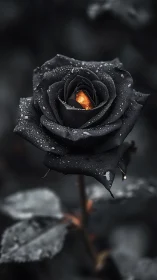 Black rose macro with water droplets and glowing orange core.