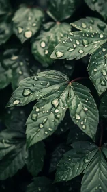 Raindrops cling to deep green leaves in soft natural light