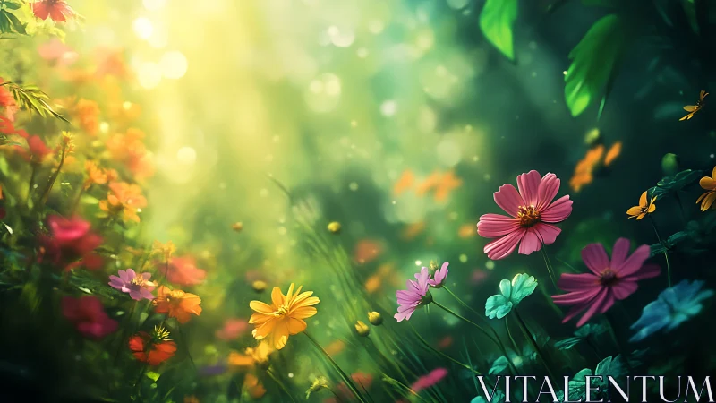 Soft-focus garden scene displays layered flowers with depth-of-field bloom arrangement