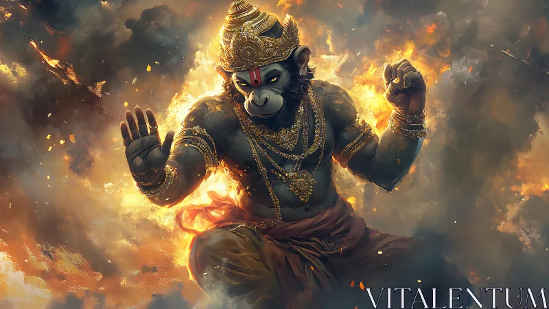 Divine simian warrior in molten gold-lit battle clouds.