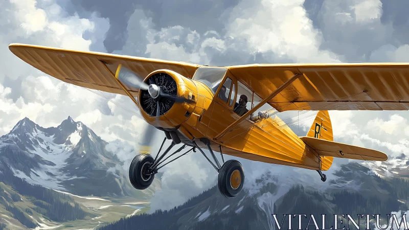 Yellow single-engine airplane flies above snowy mountain range