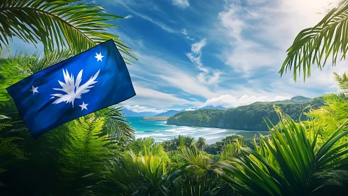 Tropical Coastal Flag Over Paradise Bay.