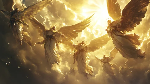 Radiant seraphic host ascends through volumetric golden clouds