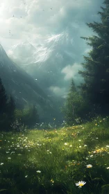 Alpine meadow recedes toward mist-shrouded glacial peaks