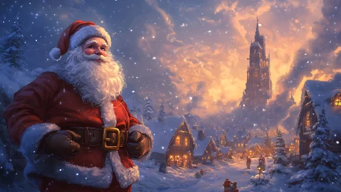 Santa surveying glowing winter village at dusk snowfall.