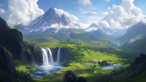 Sunlit alpine valley unfolds beneath towering crystal peaks