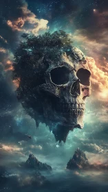 Colossal skull island drifts through luminous cosmic sky.