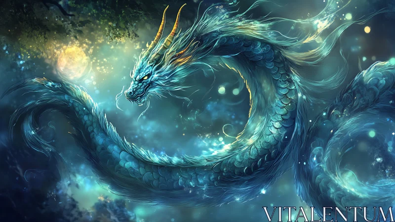 Luminous celestial dragon coils through a moonlit fantasy sky.