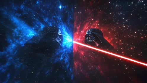 Twin dark helmets surge through space in a blazing duel