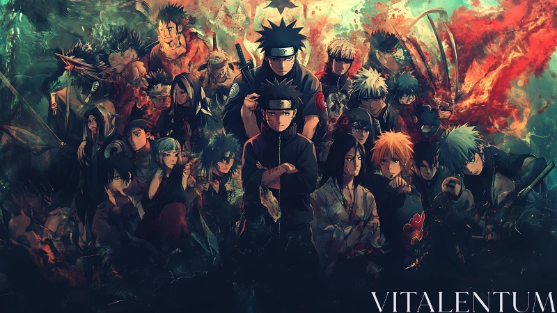 Group portrait of multiple anime ninjas in dense formation.