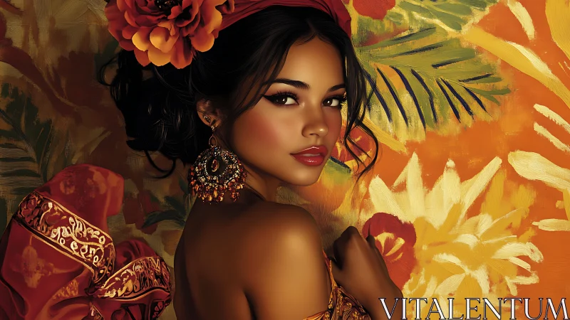 Tropical chromatic portrait with florally framed gaze focus.