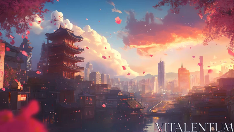 Neo-traditional skyline under sakura-tinted cinematic sunset.