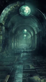 Long underground corridor extends with circular ceiling lights