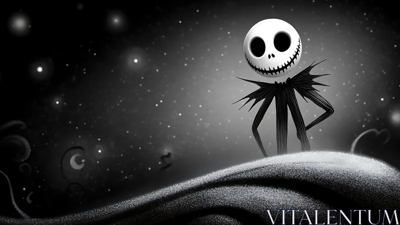 Skeletal figure on moonlit hill in stylized monochrome night.
