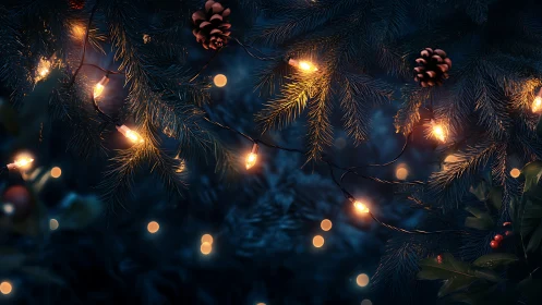 Cozy pine branches glowing with gentle holiday lights.