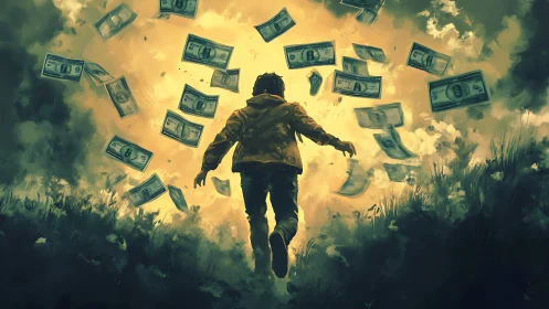 Solitary figure strides into golden vortex of swirling money.