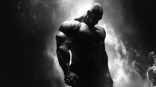 Monochrome digital titan isolated against atmospheric backlight