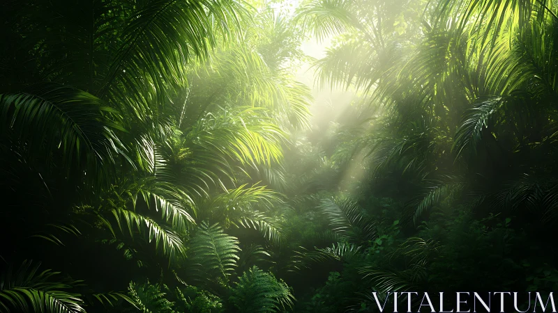 Tropical forest canopy with filtered sunlight through dense vegetation