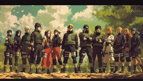 Anime ninja squad lineup under bright summer sky outdoors.