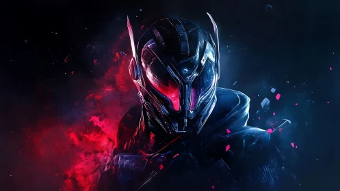 Mysterious cyber warrior glowing in neon red and blue light.