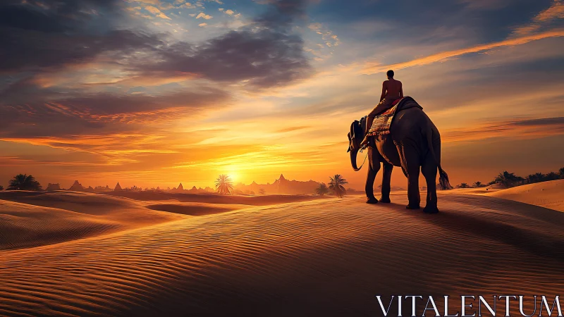 Elephant rider crossing sunlit desert dunes at radiant sunset.