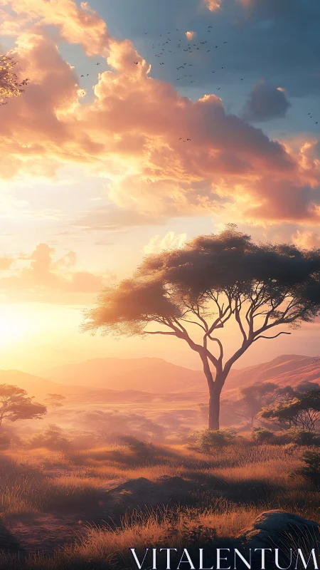 Soft sunrise glows over a peaceful savannah tree and hills