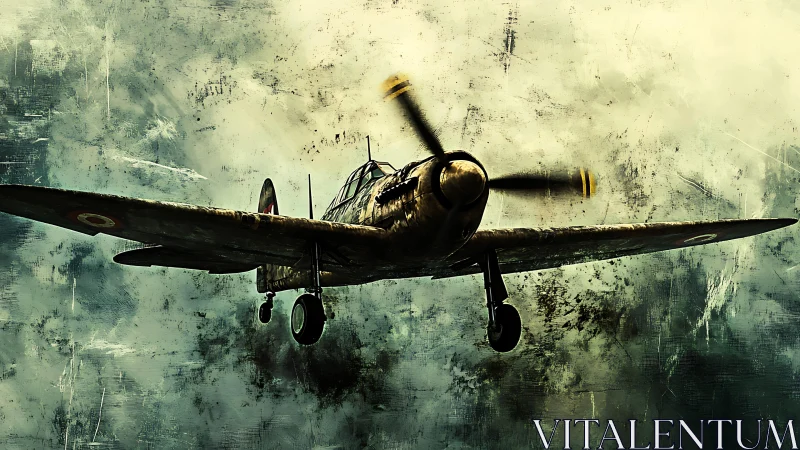 Vintage warplane roars through stormy abstract skies in motion