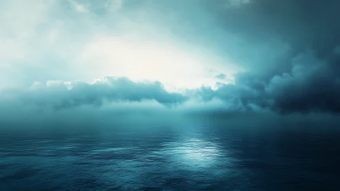 Calm ocean surface reflects dense blue storm clouds