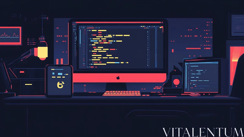 Dual‑monitor coding workstation with neon accent lighting at night