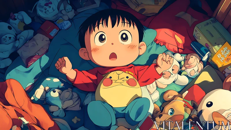 Wide-eyed child amazed amid toy-filled bedroom glow.