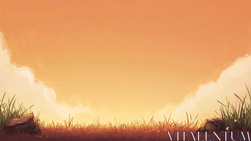 Low-angle grassland horizon under warm gradient sunset sky