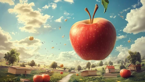 Surreal countryside with monumental levitating apple centerpiece.