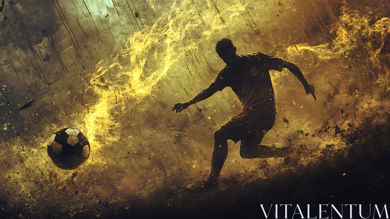 Silhouetted footballer blasting fiery ball through darkness.