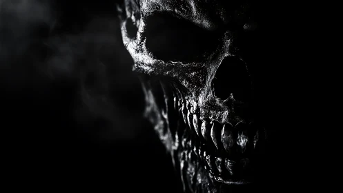 Burnished skeletal horror emerges from dense shadow.