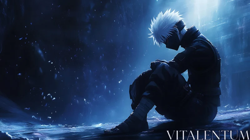 Lone masked warrior broods in icy blue cavern nightfall.