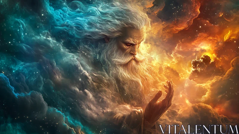 Cosmic deity shapes swirling nebulae with elemental light.