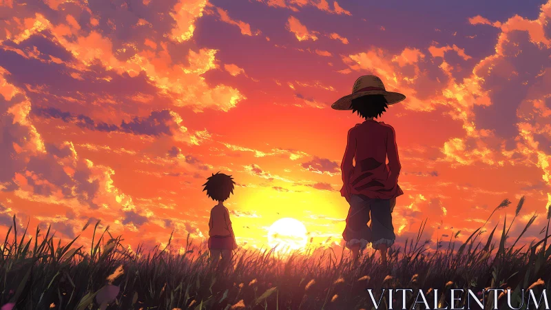 Sunset reunion of two boys in glowing anime grassland.