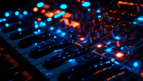 Neon-lit synthesizer keys with glowing modular controls at night.