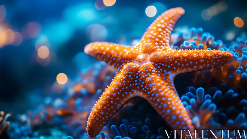 Bright orange starfish on vivid blue coral underwater scene.