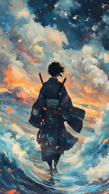 Samurai figure walks through stormy sea under burning sky.