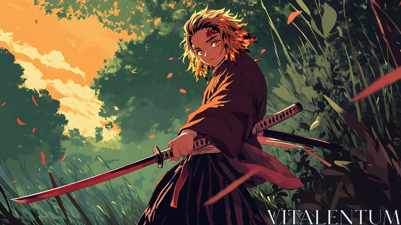 Flame haired swordsman pauses in a sunlit forest clearing