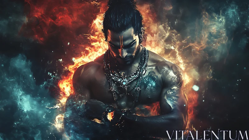 Muscular warrior surrounded by fiery and icy swirling energy.