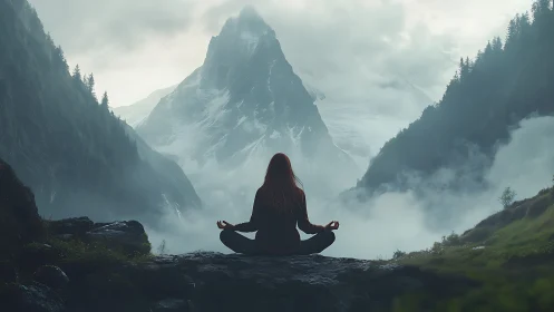 Person meditating on rock ledge before misty mountain range.