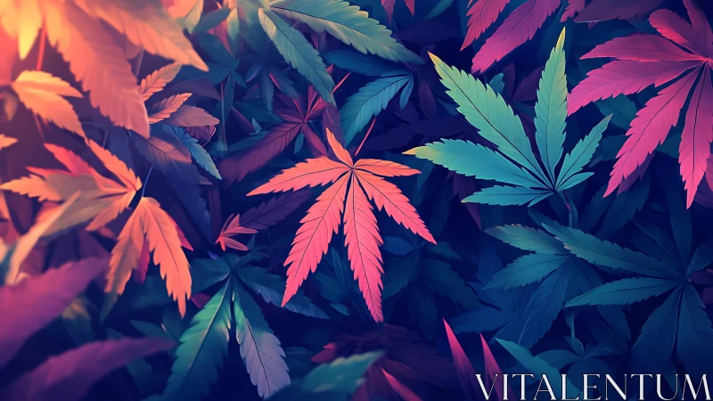 Color-saturated cannabis leaves form dense neon foliage