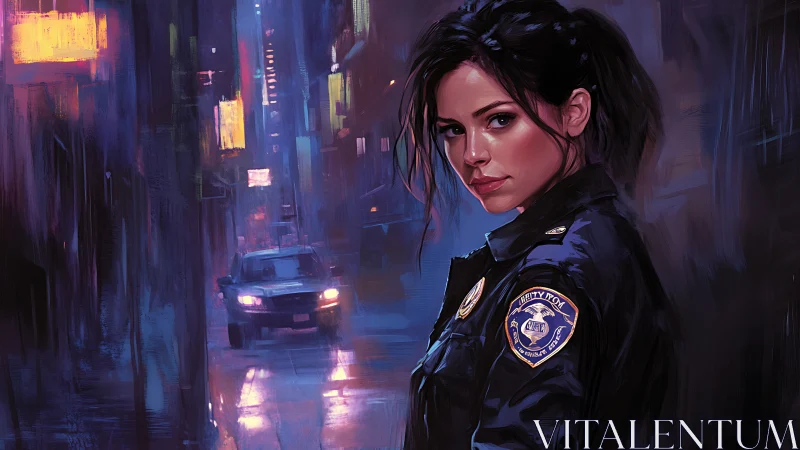 Noir night cop strides through neon-soaked city rainstorm.