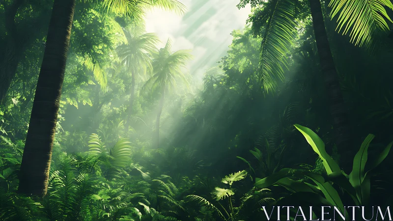 Tropical forest interior with sunlight penetration and dense vegetation.