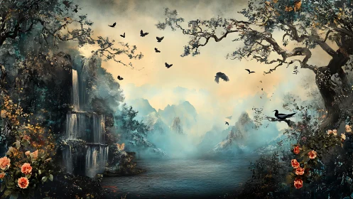 Mist-covered lake lies between waterfalls, birds, and trees
