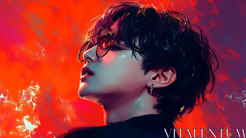 Profile portrait of person against saturated red digital sky